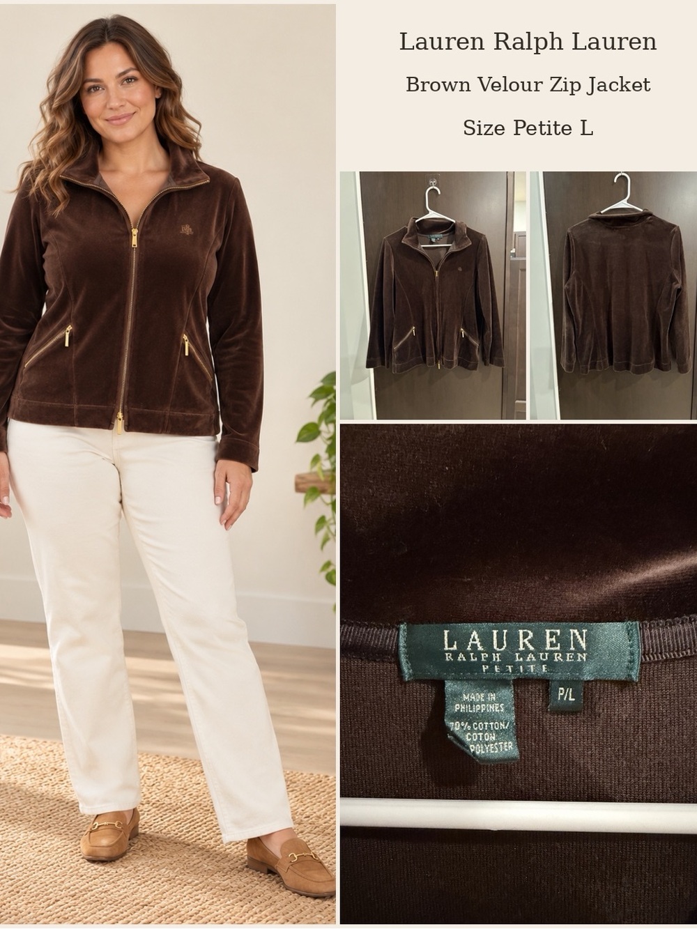 Lauren Ralph Lauren Chocolate Brown Velour Zip Bomber Jacket